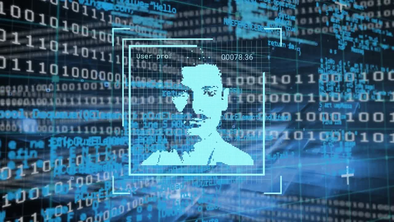 анимация цифрового интерфейса и обработки данных на темном фоне