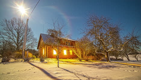 Casa-De-Madera-De-Invierno-O-Cabaña-En-Un-Paisaje-Nevado-Timelapse