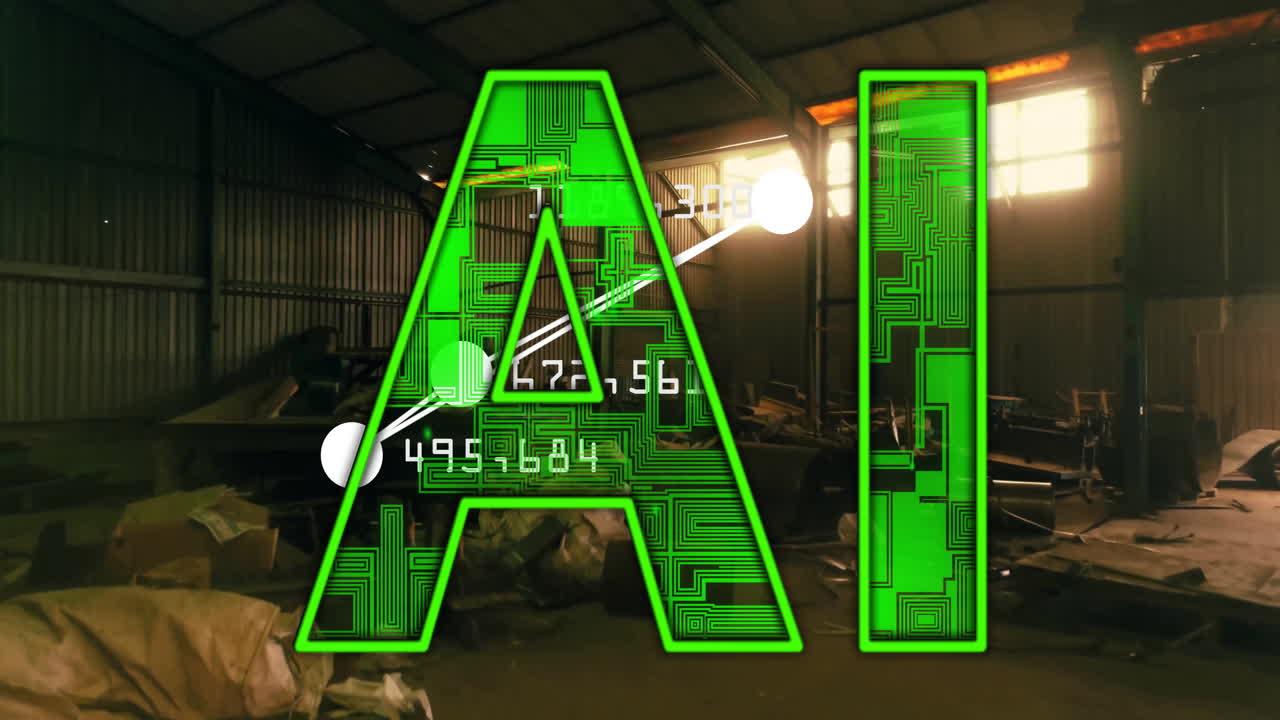 산업 창고 배경에 있는 회로 패턴을 가진 ai 텍스트