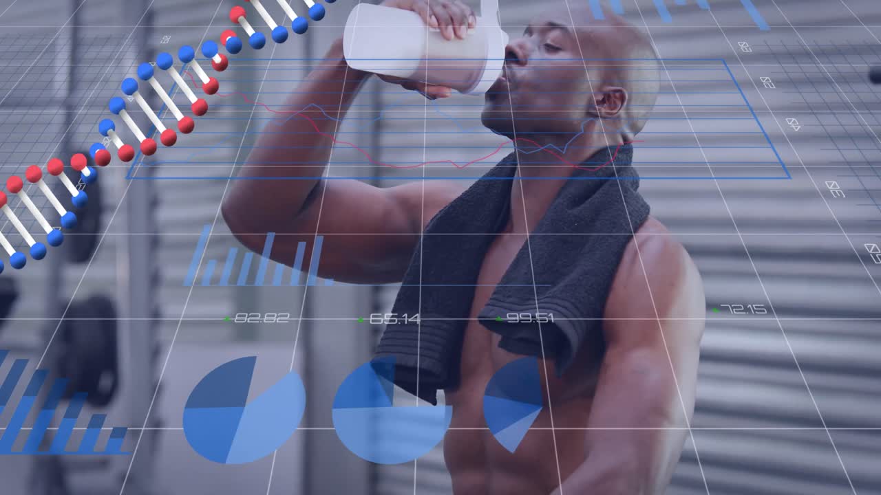 animación de adn y gráficos sobre feliz hombre afroamericano bebiendo agua y descansando en el gimnasio