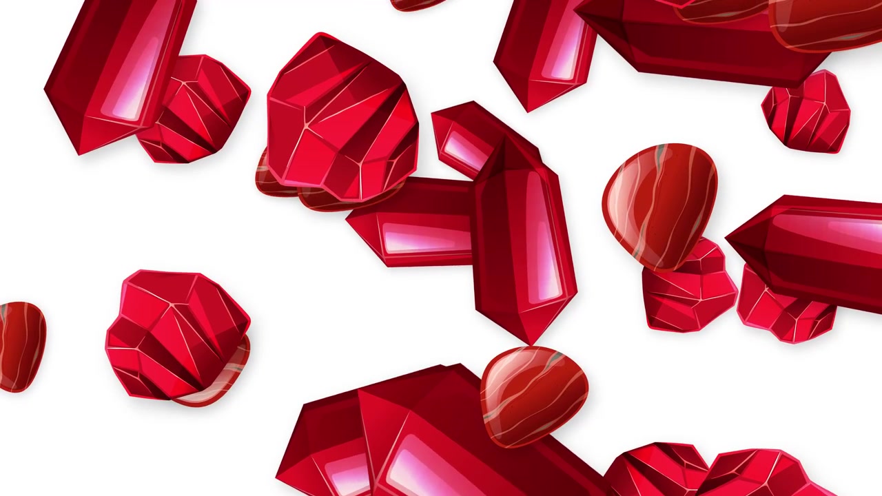 Red faceted crystals and smooth polished stones fall vertically against a clean white background.