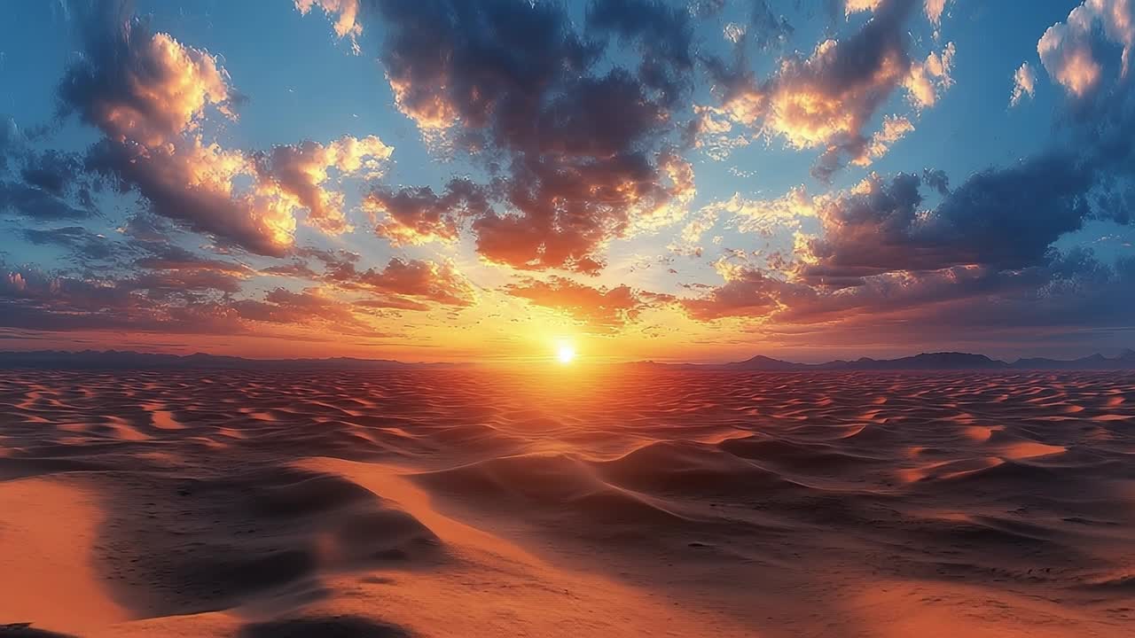 Desert sunset vista. A breathtaking sunset illuminates the expansive desert, casting vibrant colors across the sandy dunes and sky.