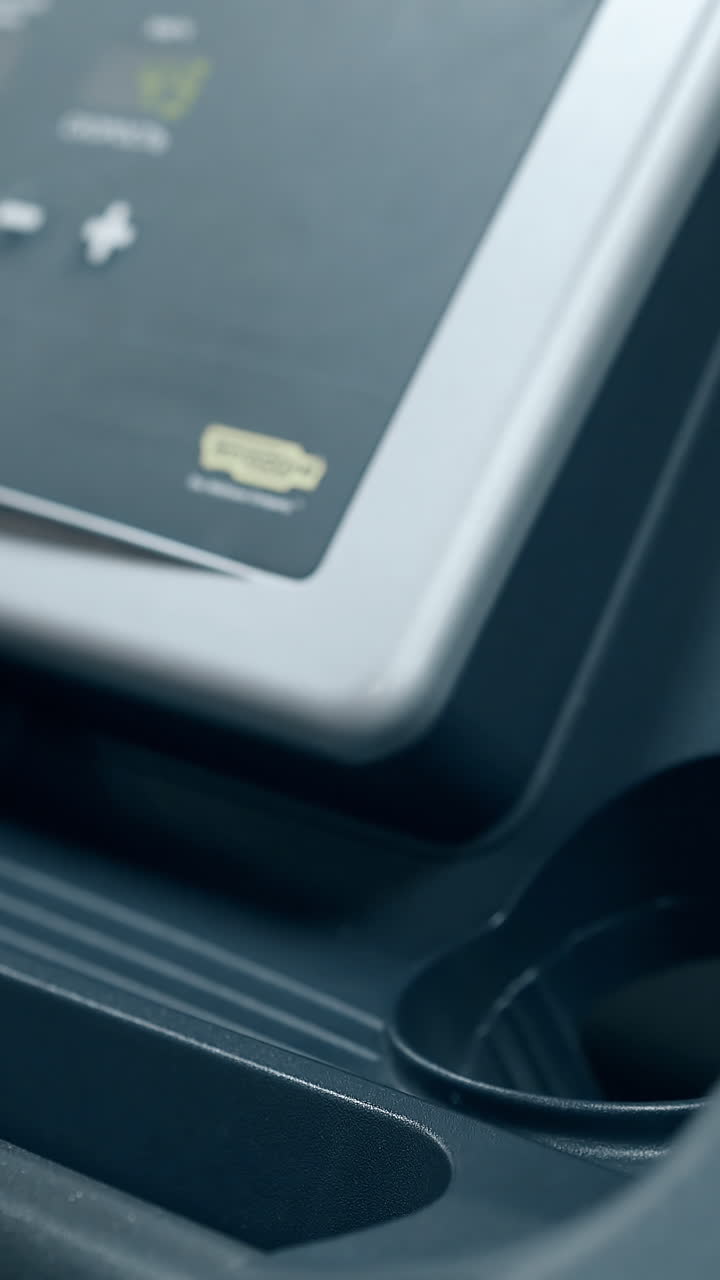 slow motion close view girl hand with pink manicure takes green bottle from modern treadmill tray