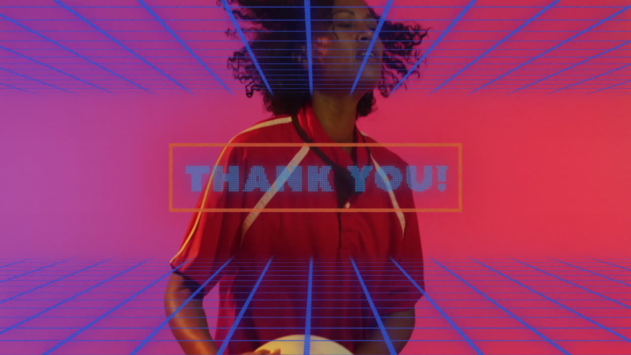 Holding volleyball, person in red jersey with Thank You! animation over blue lines