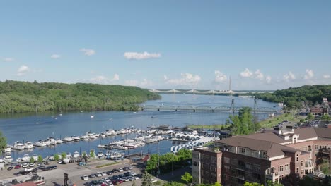 Wide-angle-shot-of-Downtown-Stillwater-in-Minnesota-with-Lift-bridge-over-St-Croix-river-in-USA