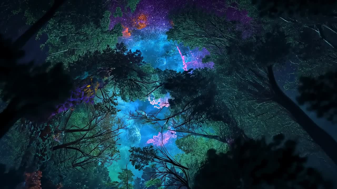 Tilting camera from below revealing nebula sky through circular canopy with purple orange stars