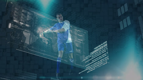 animación de la interfaz con procesamiento de datos sobre un jugador de fútbol caucásico pateando la pelota