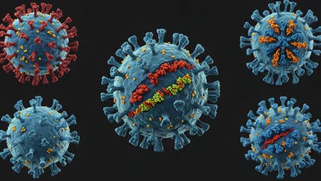 detailed close-up view of viruses displaying complex structures and variations in color, highlighting their intricate surface proteins and genetic materials