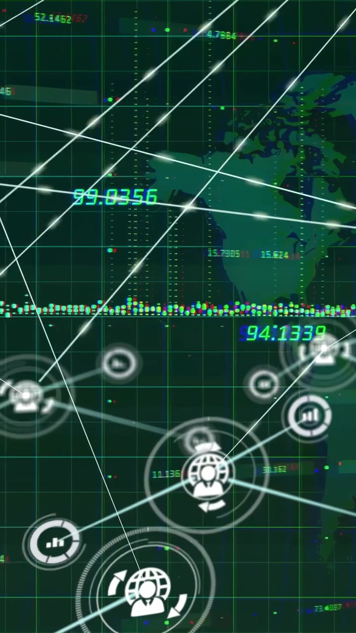 Vertical video: Tech network expanding across Americas map, pulsing node linking hubs for analytics