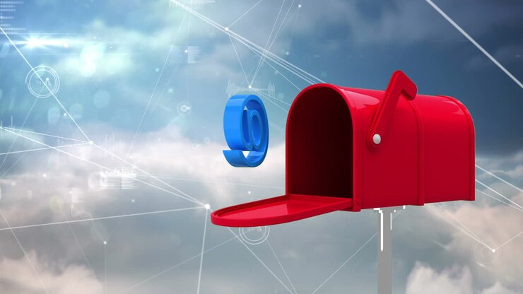 Letter box with an at exiting. Points linking together with line on cloud background