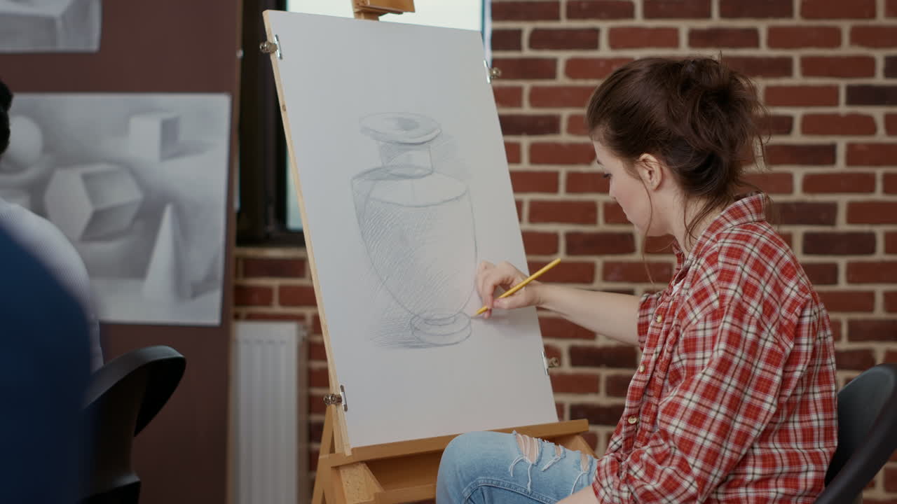 Creative woman using pencil to sketch contemporary drawing