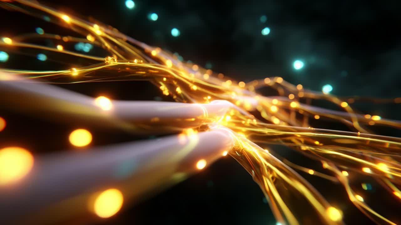 Un viaggio ipnotico attraverso vibranti flussi di luce scintillante, che rappresenta una scena ultraterrena piena di vortici di energia dorata e particelle luminose che danzano in uno spazio oscuro ed etereo