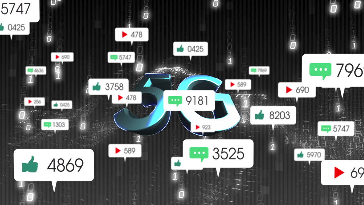 Animation of 5G text with social media notifications and digital data symbols