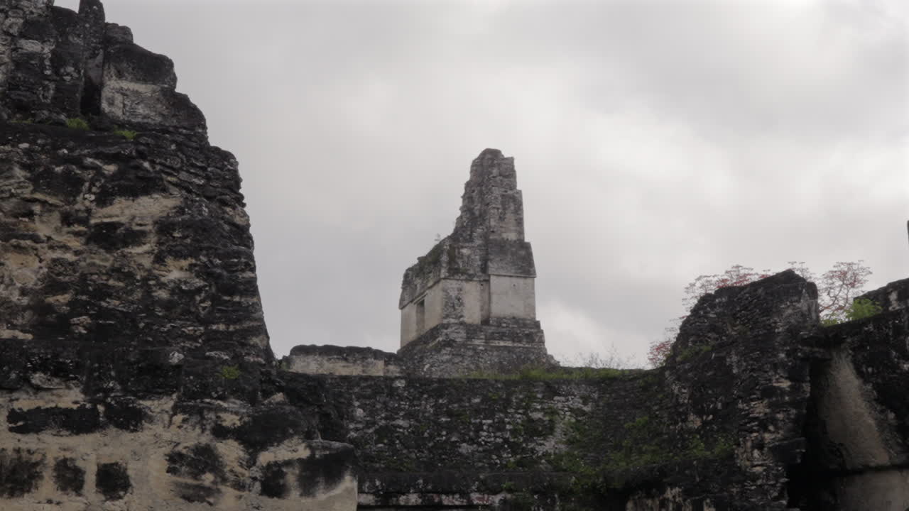 Zoom in Great Jaguar temple pyramid top. Tikal National Park. Mayan archaeological ruins. Guatemala