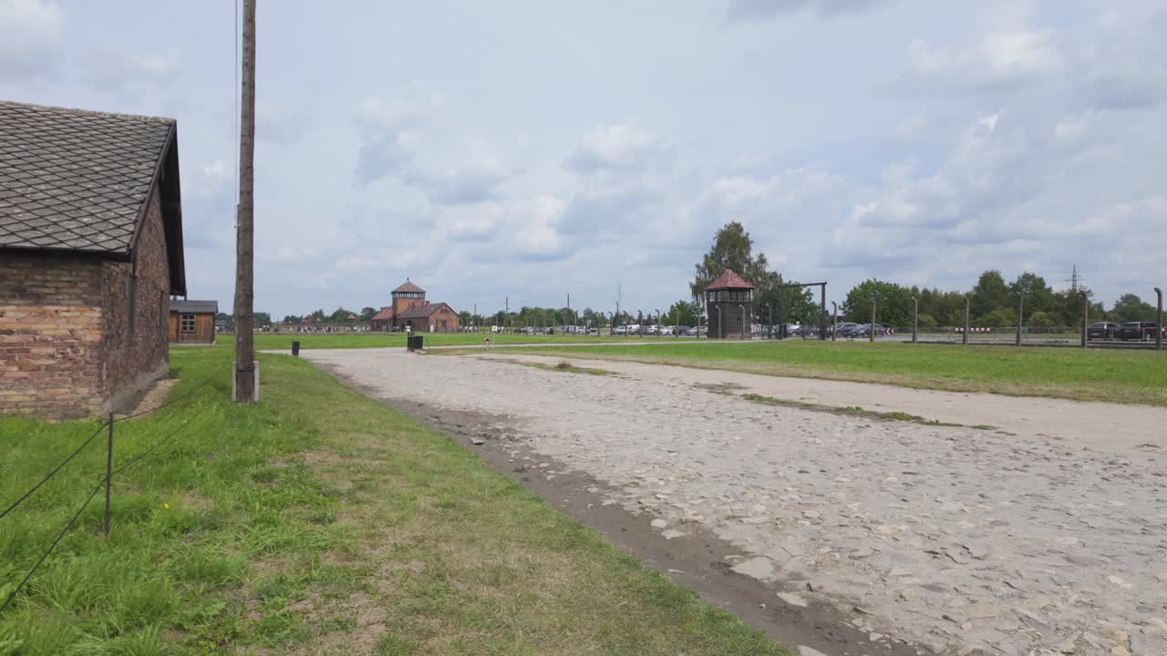 View of Auschwitz-Birkenau railway tracks leading to the camp, symbol of wartime atrocity