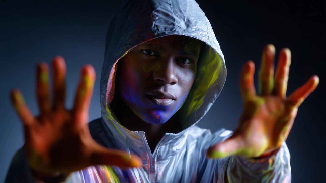 Eine kühne Person, die Kreativität und Stärke ausstrahlt, mit leuchtenden Farben an den Händen, trägt eine glänzende Kapuzenjacke, vor einem dramatischen dunklen Hintergrund.