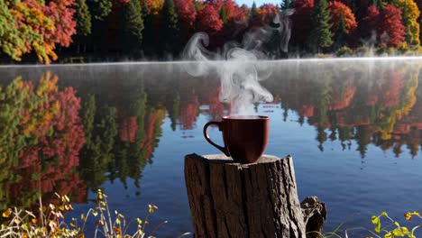 a steaming cup on a tree stump by a lake with vibrant autumn trees