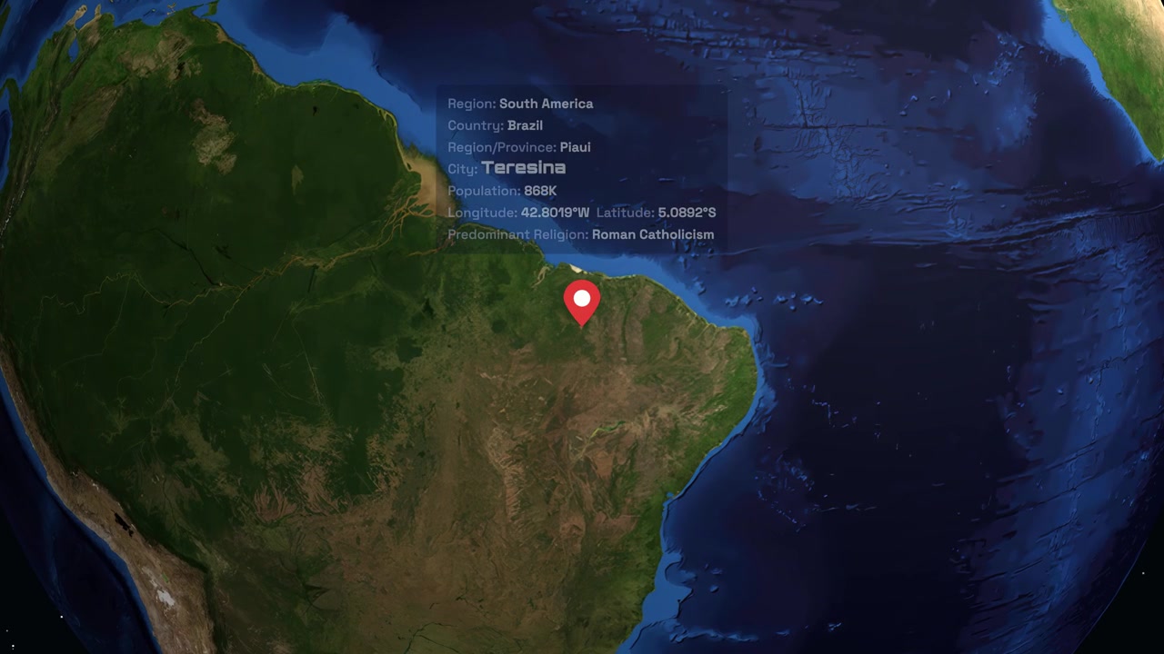 Digital earth rotates and zooms into South America, highlighting Teresina, Brazil with informational text