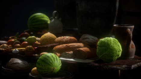 food-table-with-wine-barrels-and-some-fruits,-vegetables-and-bread