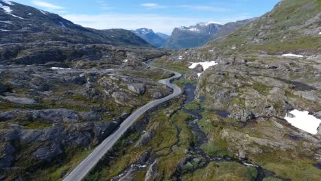 aerial view of mountain and road to dalsnibba, spring landscape, norway