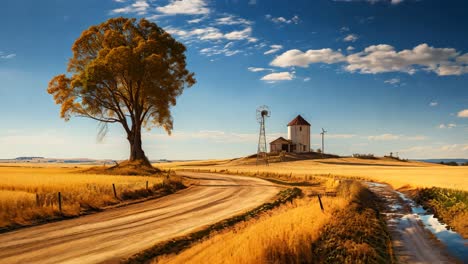 sunset over golden fields, a tree, and farm buildings