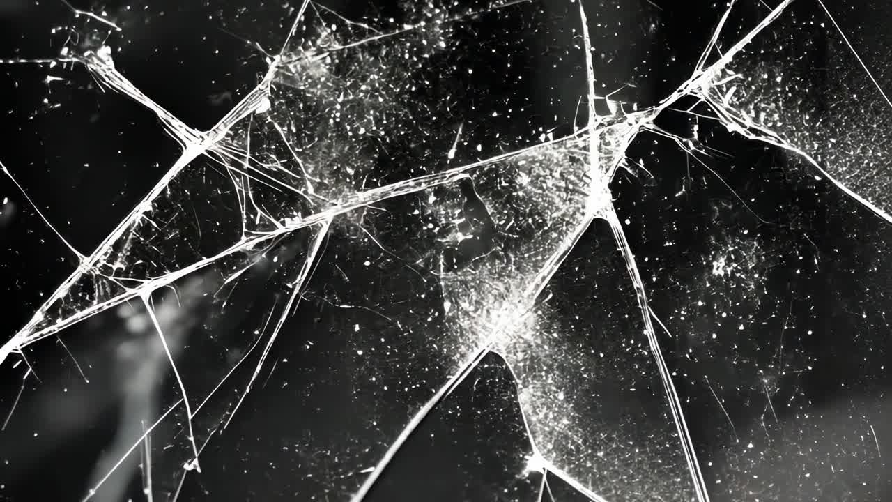 Close-up video of cracked glass, showcasing intricate fractures and reflections