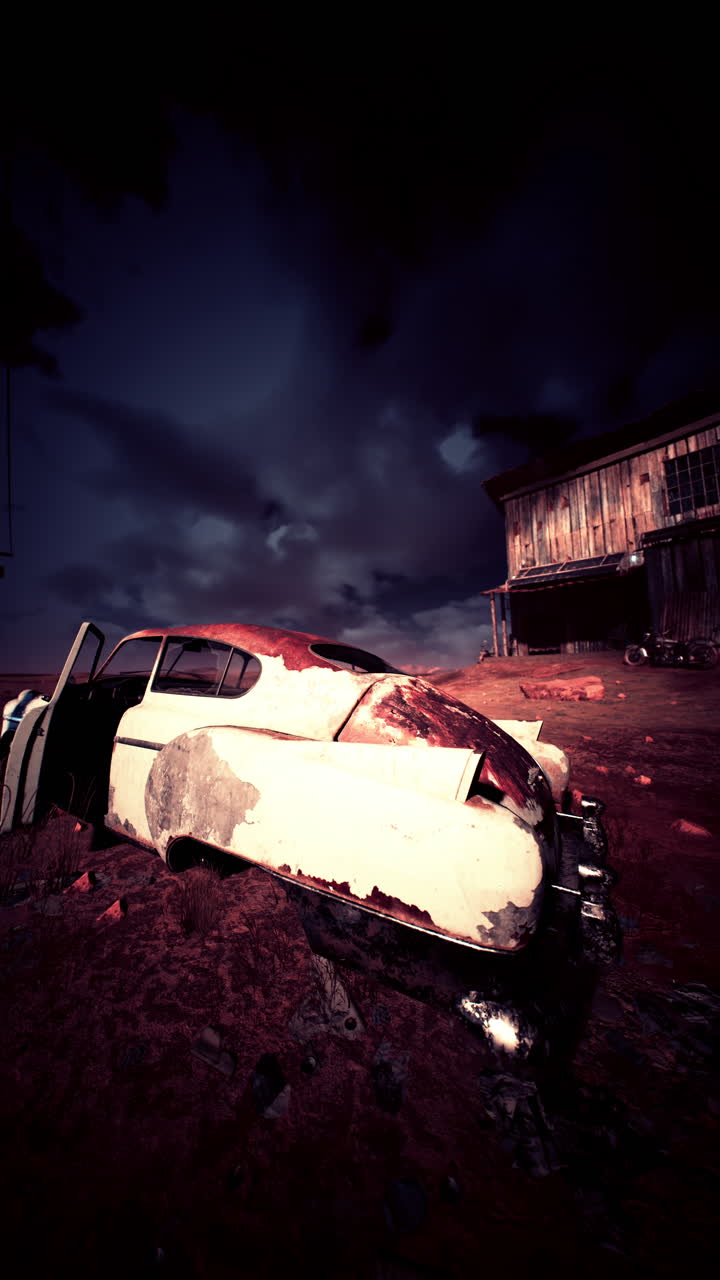 coche abandonado en el desierto al atardecer
