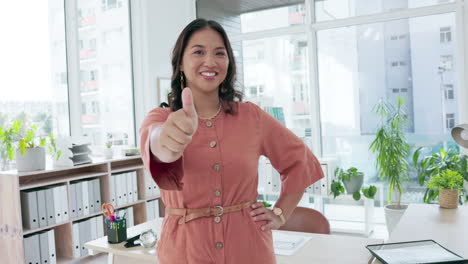 Business-woman,-portrait-or-thumbs-up-in-modern