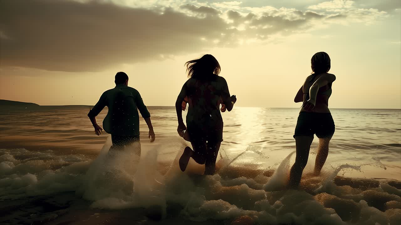 Friends running and splashing in ocean waves at sunset