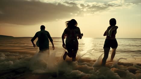 friends running and splashing in ocean waves at sunset