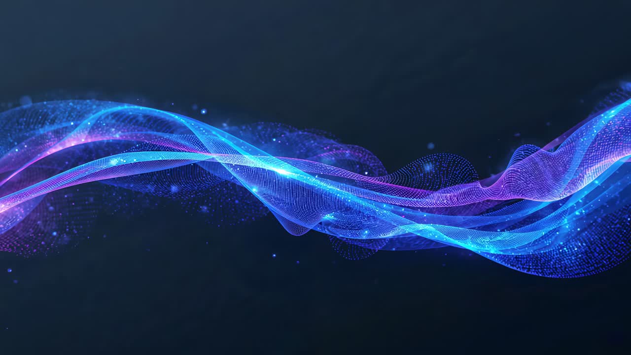 Entering left, mesh cyan-blue ribbons moving and weaving across canvas, looping and emitting sparks