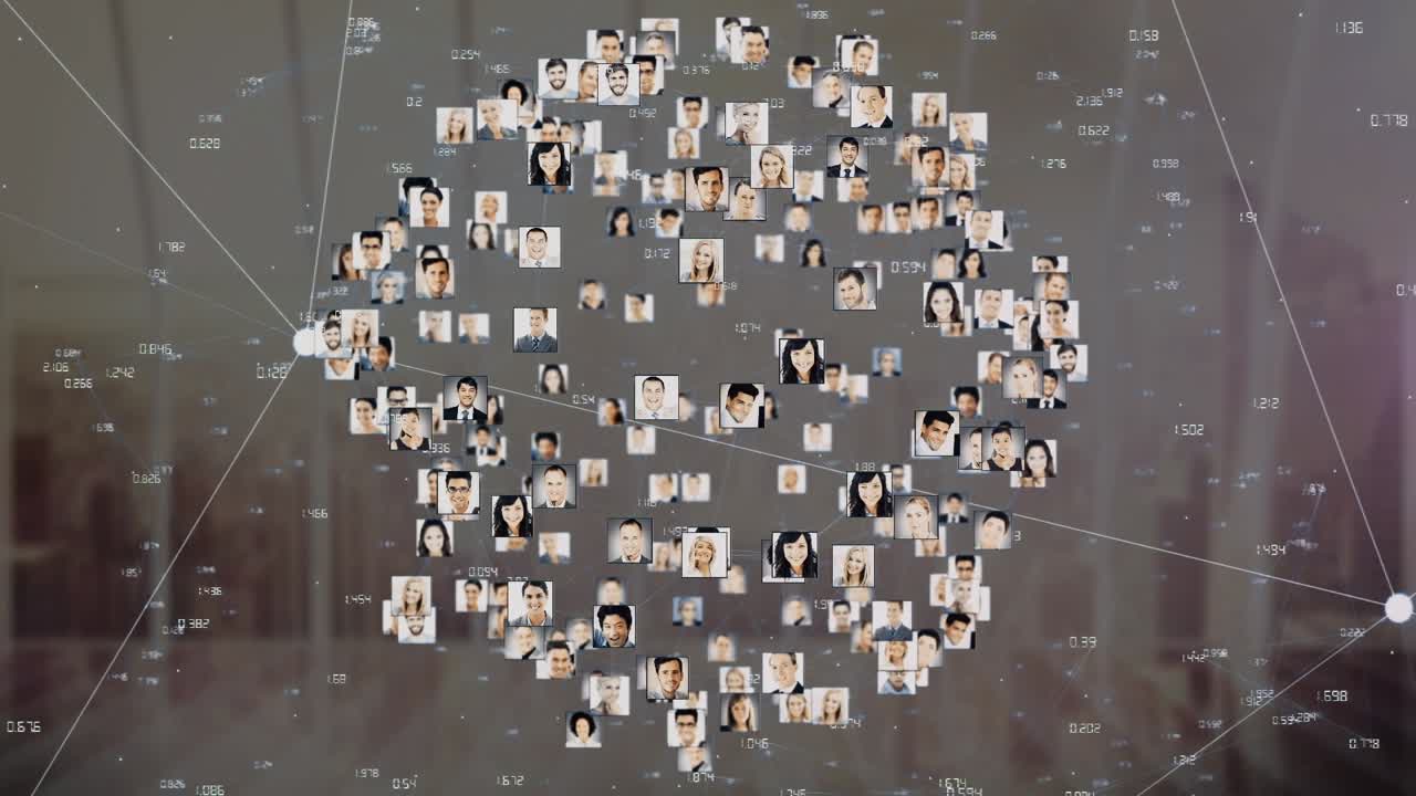 Animation of purple shapes over network of connections and globe with diverse people icons