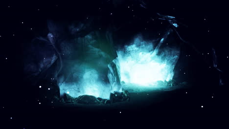 glowing blue fire in a dark cave