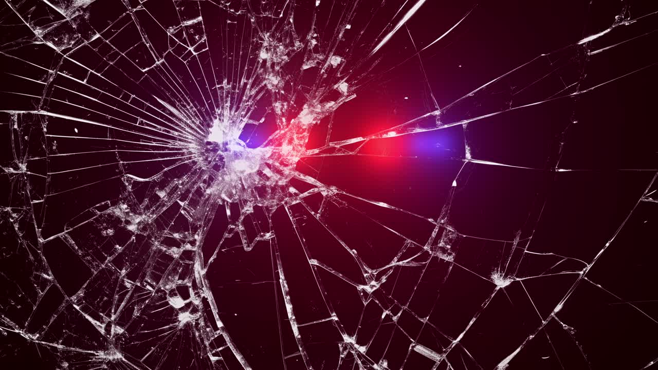 Broken glass with ambulance and police lights flashing. Shattered glass with pulsating red and blue ambulance and police lights. Abstract background for emergency, accident, danger, security concept