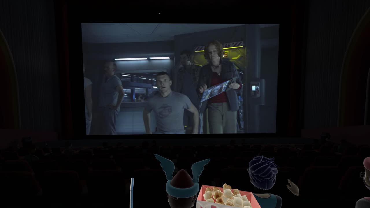 amigos con gafas virtuales viendo películas en el cine con efectos especiales. en el metaverso. pantalla grande