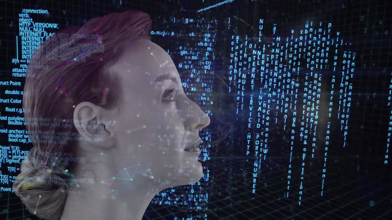 Animação de perfil feminino com rede de conexões e processamento de dados