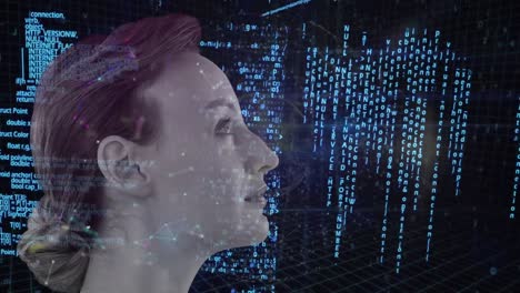 Animation-of-woman's-profile-with-network-of-connections-and-data-processing