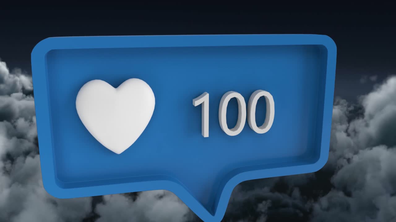 Animation of heart icon with numbers on speech bubble over sky and clouds