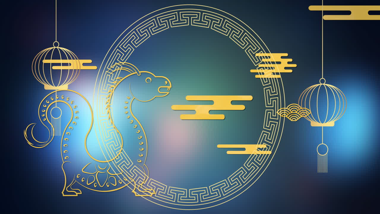 Animation of chinese traditional symbols on blue background