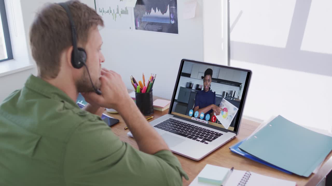 Kaukasisk mand bruger bærbar computer og telefonheadset på videoopkald med en kvindelig kollega.
