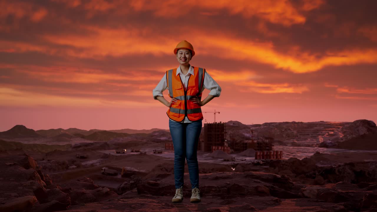 ingeniera en el sitio de construcción al atardecer