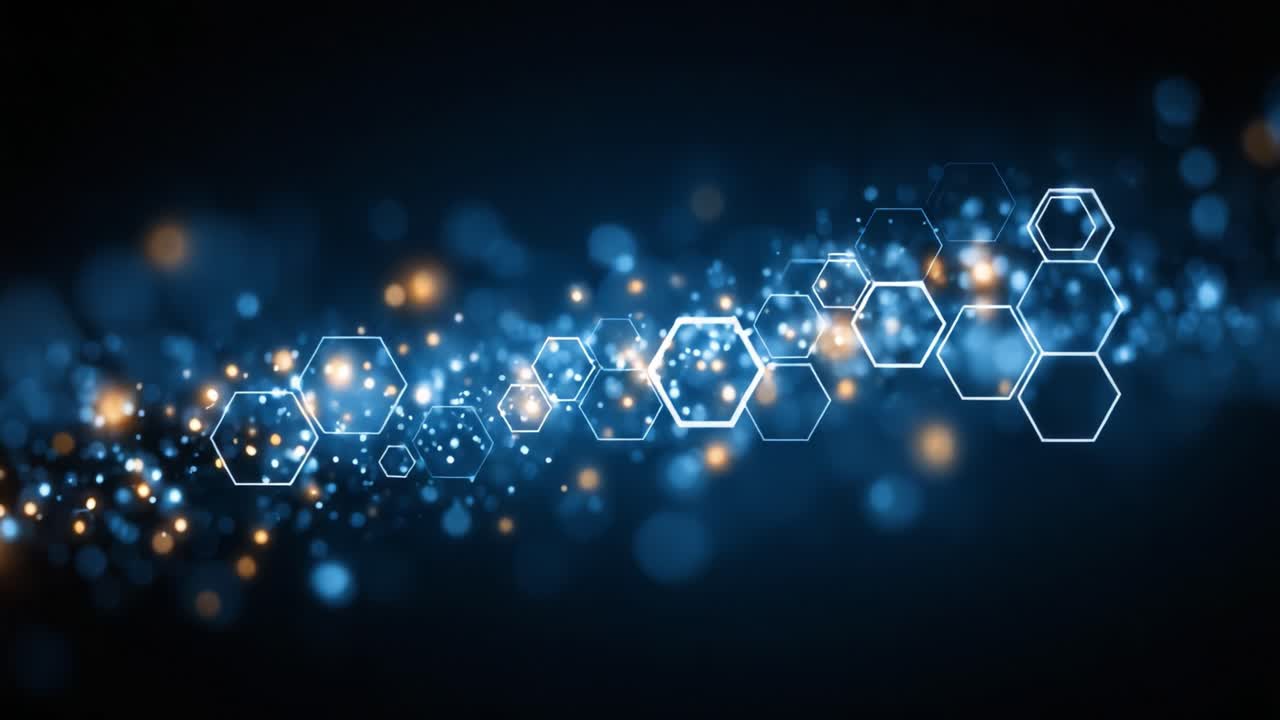 A Mesmerizing Journey Through a Vibrant Blue Abstract Background Featuring Glowing Hexagons and Sparkling Particles for an Enchanting Visual Experience