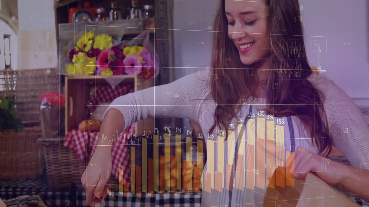 Bakery vendor picking pastry after customer hand appearing, adjusting, live charts overlying sales