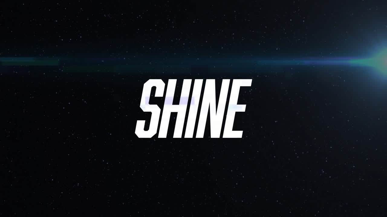 Animation of bold white text shining over starry night sky background