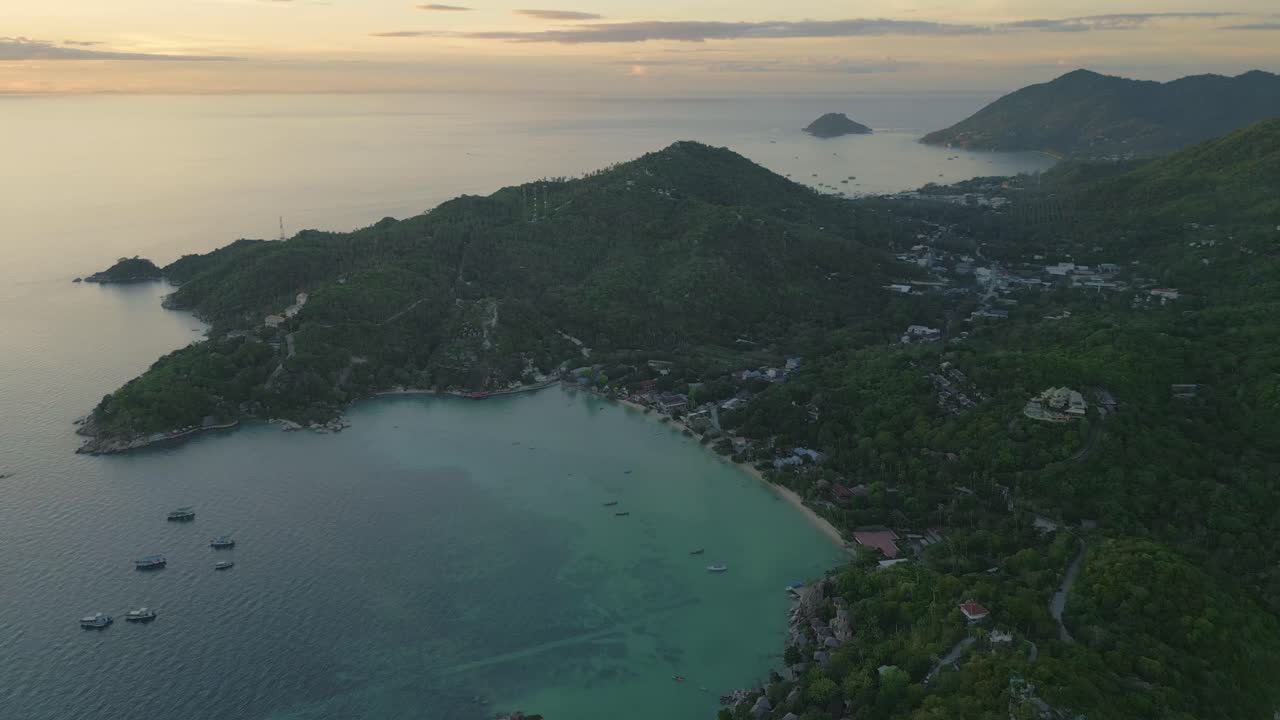 Ko Tao Aerial Drone Viewpoint Thailand turquoise sea island hill southeast asian travel establishing shot