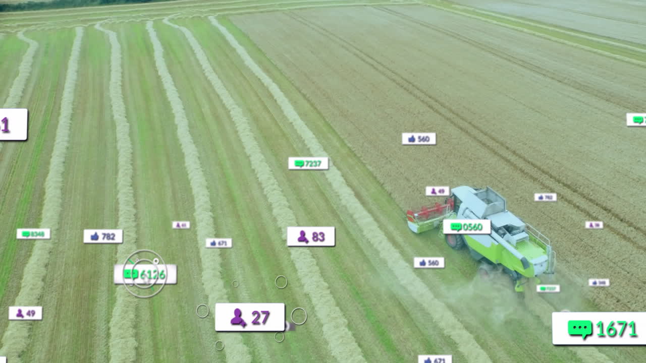 Green-and-white combine harvester kicking dust harvesting field, floating social icons above rows