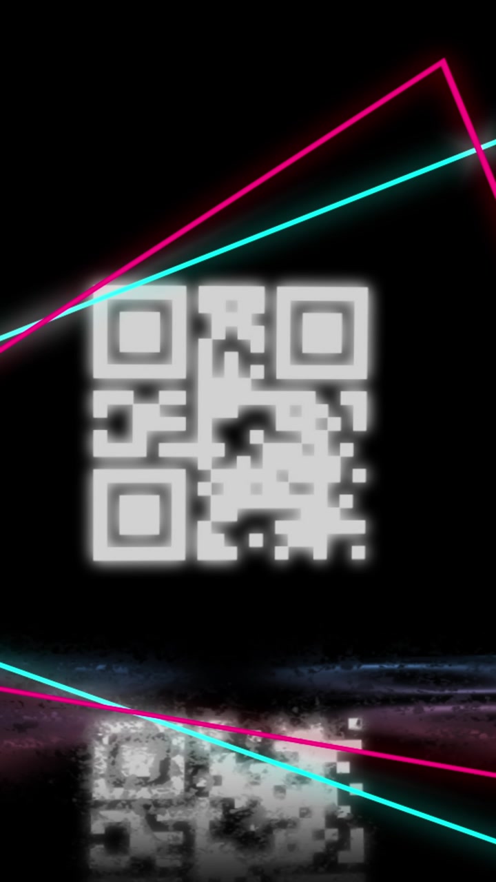 Animation of glowing qr code over neon geometric shapes