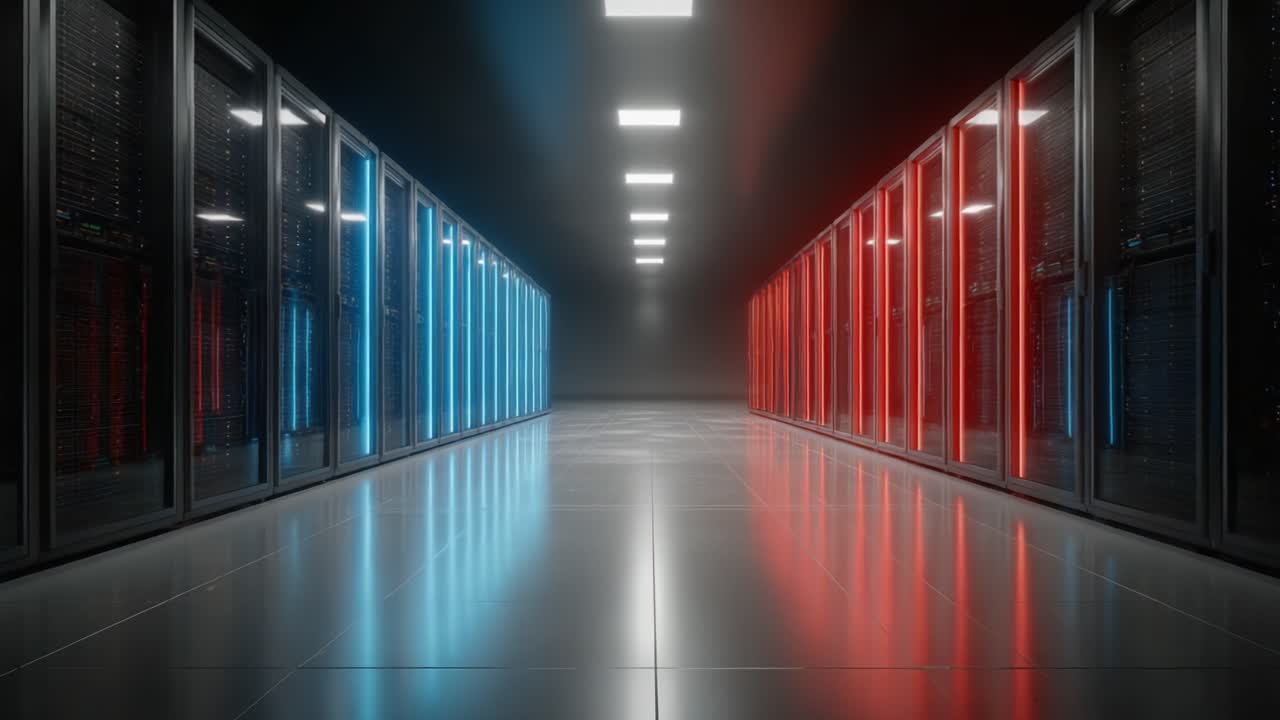Un centro dati futuristico con file simmetriche di rack di server illuminati da luci blu e rosse, creando un'atmosfera high-tech per le operazioni digitali.