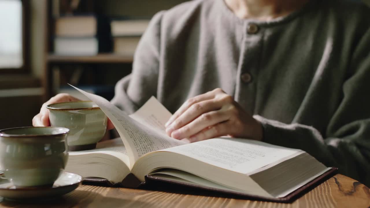 Turning page senior reading book while lifting teacup and sipping tea at wooden table, cardigan