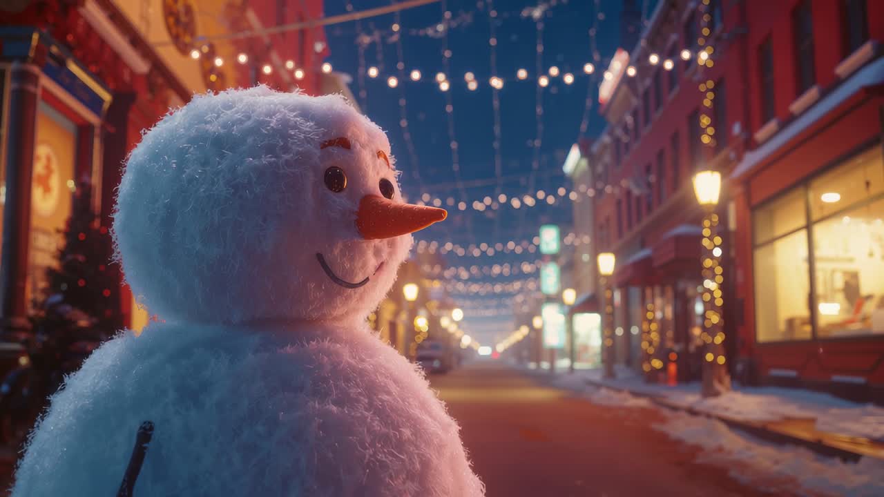 Snowflakes drifting past snowman on main street at night under pulsing holiday lights, copy space